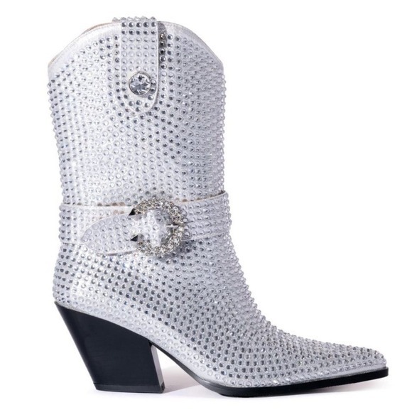 AZALEA WANG Federica Silver Crystal Short Western Cowgirl Boots 8 NWT - Picture 1 of 9